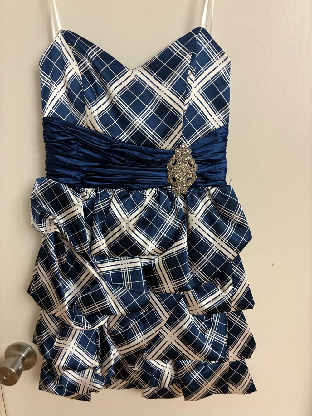 Navy and White Plaid Ruffle junior’s Dress with Satin Waistband